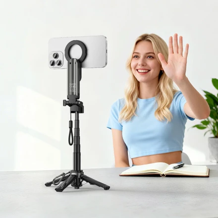 Настольная магнитная подставка HOCO K27 Pro Magic – портативный штатив-селфи-стик для смартфонов 4.5–7 дюймов (BT 5.2, 48 см)